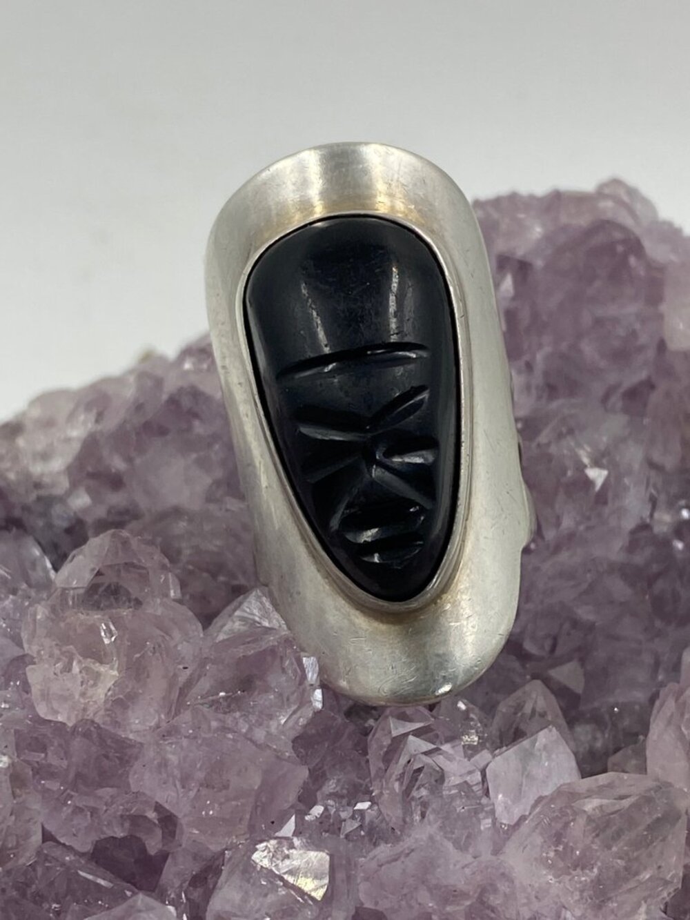 Vintage Sterling Silver Onyx Mask Ring Size 6